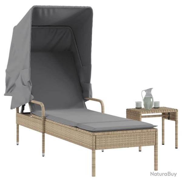 Chaise longue avec auvent et table beige r�sine tress�e