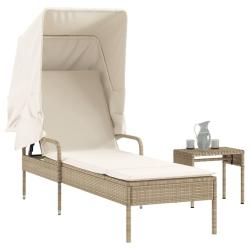Chaise longue avec auvent et table beige r&eacute;sine tress&eacute;e