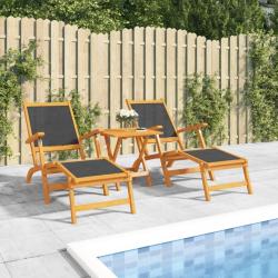 Chaises longues d'ext&eacute;rieur et table Acacia massif et textil&egrave;ne