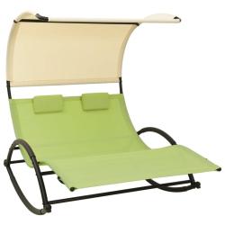 Chaise longue double avec auvent textil&egrave;ne vert et cr&egrave;me