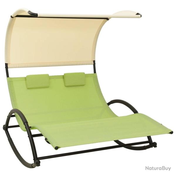 Chaise longue double avec auvent textil�ne vert et cr�me