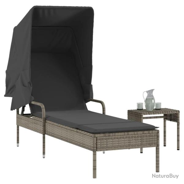 Chaise longue avec auvent et table gris r�sine tress�e