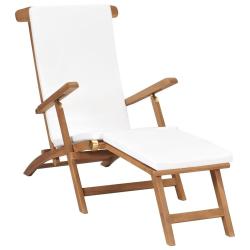 Chaise longue avec coussin Blanc cr&egrave;me Bois de teck solide