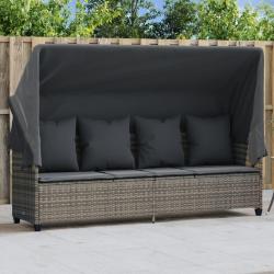 Chaise longue avec auvent et coussins gris r&eacute;sine tress&eacute;e