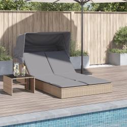 Chaise longue double avec auvent et coussins beige poly rotin