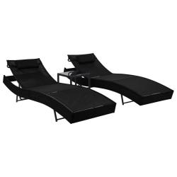 Chaise longue 2 pcs et table R&eacute;sine tress&eacute;e et textil&egrave;ne Noir