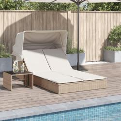 Chaise longue double avec auvent et coussins beige poly rotin