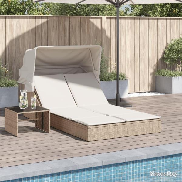 Chaise longue double avec auvent et coussins beige poly rotin