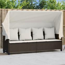 Chaise longue avec auvent et coussins marron r&eacute;sine tress&eacute;e
