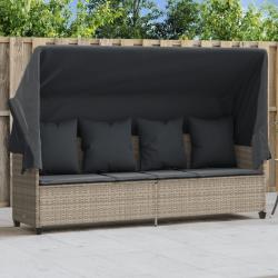 Chaise longue avec auvent et coussins gris clair r&eacute;sine tress&eacute;e
