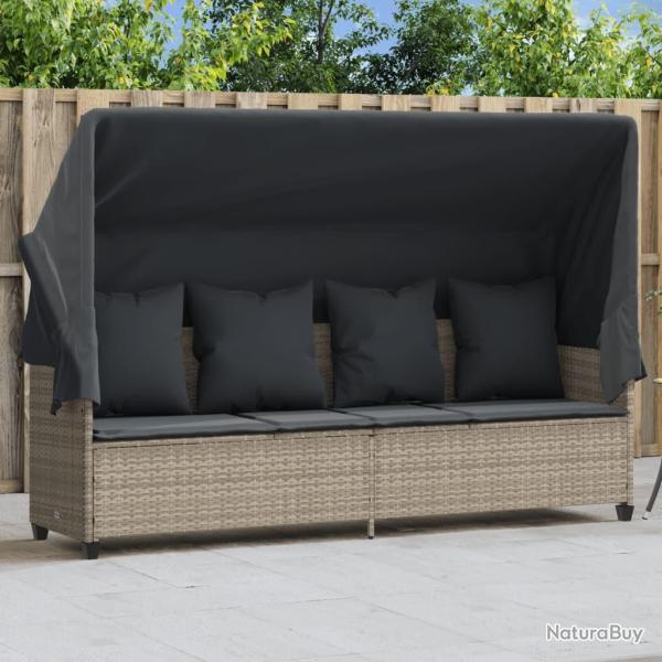 Chaise longue avec auvent et coussins gris clair r�sine tress�e