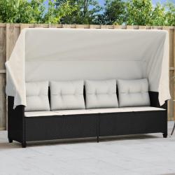 Chaise longue avec auvent et coussins noir r&eacute;sine tress&eacute;e