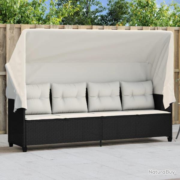 Chaise longue avec auvent et coussins noir r�sine tress�e