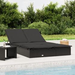 Chaise longue &agrave; 2 places avec coussins noir r&eacute;sine tress&eacute;e