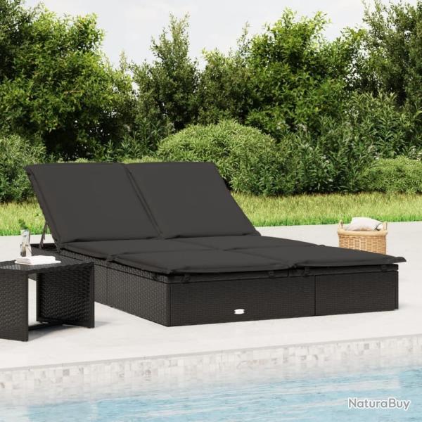 Chaise longue � 2 places avec coussins noir r�sine tress�e