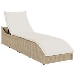 Chaise longue pliante coussin et rangement beige r&eacute;sine tress&eacute;e