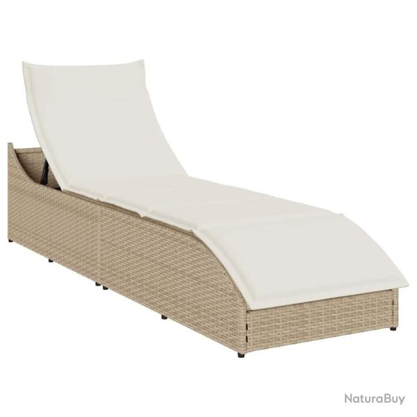 Chaise longue pliante coussin et rangement beige r�sine tress�e