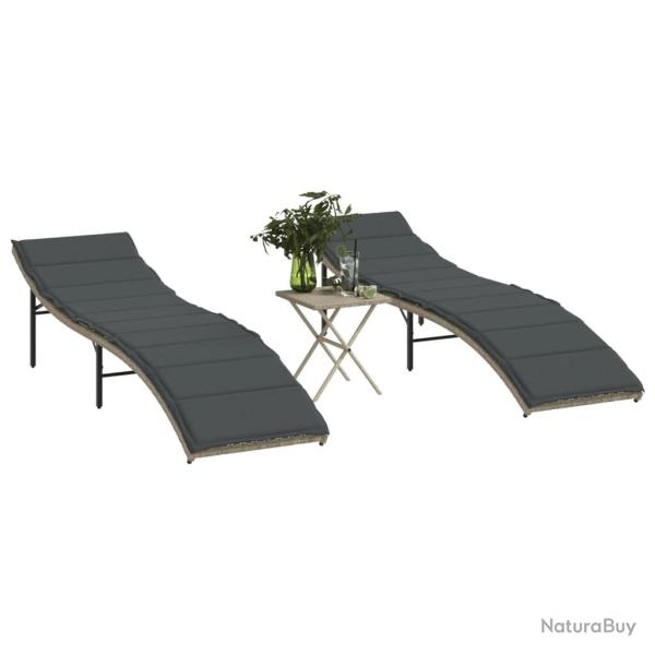 Chaises longues lot de 2 avec table gris clair r�sine tress�e