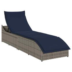 Chaise longue pliante coussin et rangement gris r&eacute;sine tress&eacute;e