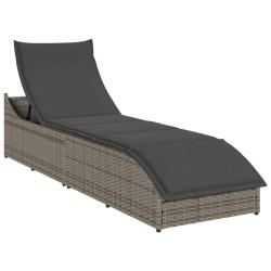 Chaise longue pliante coussin et rangement gris r&eacute;sine tress&eacute;e