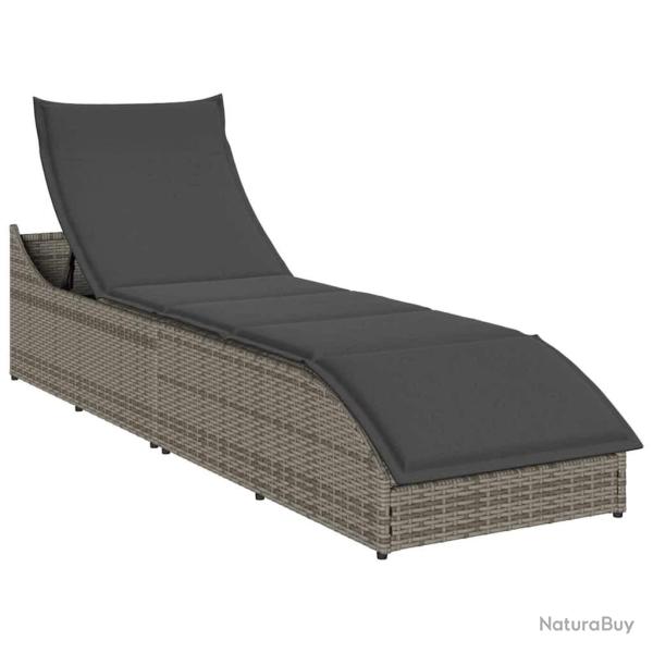 Chaise longue pliante coussin et rangement gris r�sine tress�e