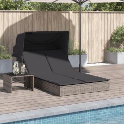 Chaise longue double et auvent et coussins gris r&eacute;sine tress&eacute;e