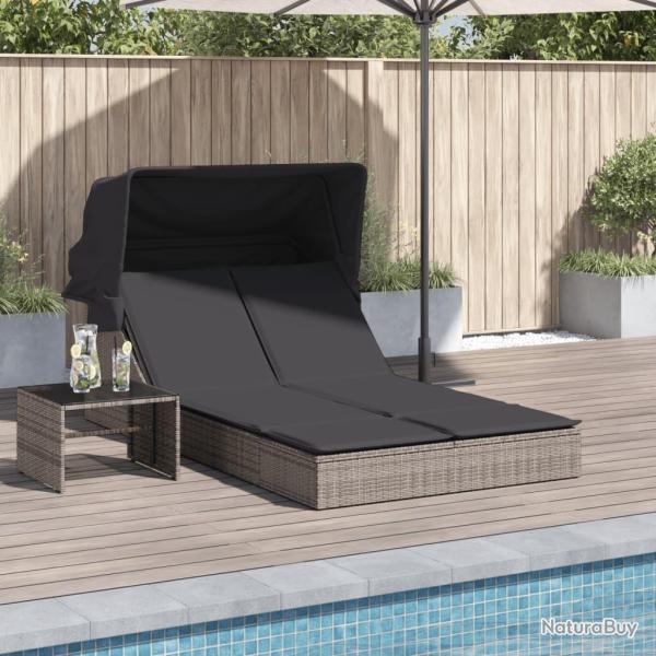 Chaise longue double et auvent et coussins gris r�sine tress�e