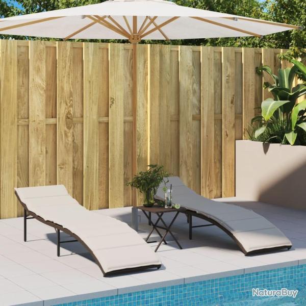 Chaises longues lot de 2 avec coussins marron r�sine tress�e