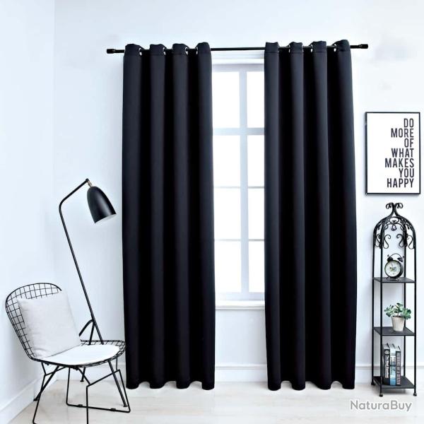 Rideaux occultants avec anneaux en m�tal 2 pcs Noir 140x175 cm