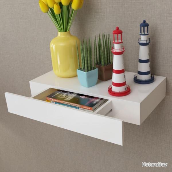 �tag�re murale avec 1 tiroir MDF Blanc Rangement de livres/DVD