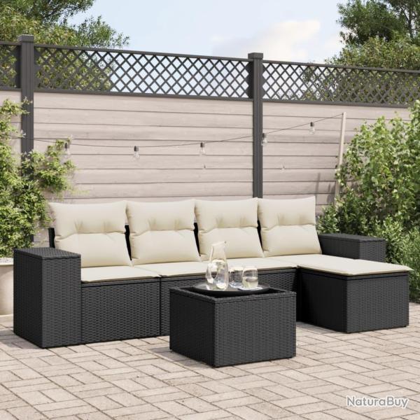Salon de jardin 6 pcs avec coussins noir r�sine tress�e
