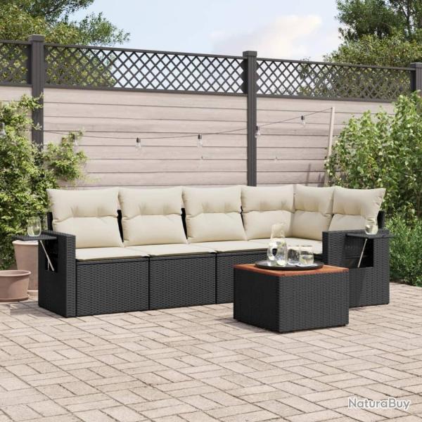 Salon de jardin 6 pcs avec coussins noir r�sine tress�e