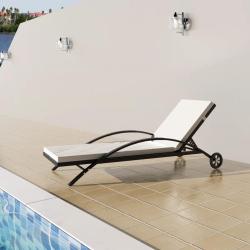 Chaise longue avec coussin et roues R&eacute;sine tress&eacute;e Noir