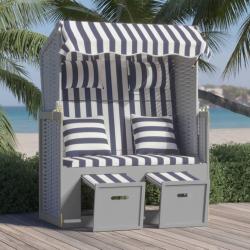 Strandkorb avec coussins R&eacute;sine tress&eacute;e bois solide bleu blanc