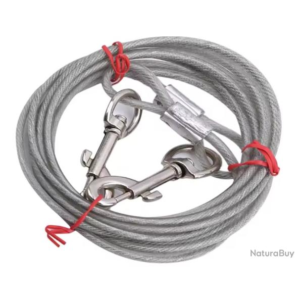 C�ble Attache Chien 5mm Acier Anti Morsure Double Crochet 10 m argent