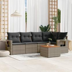 Salon de jardin 6 pcs avec coussins gris r&eacute;sine tress&eacute;e