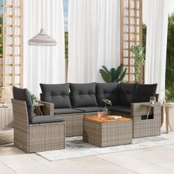 Salon de jardin 6 pcs avec coussins gris r&eacute;sine tress&eacute;e