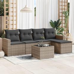 Salon de jardin 6 pcs avec coussins gris r&eacute;sine tress&eacute;e