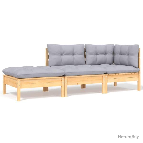 Salon de jardin 3 pcs avec coussins gris Bois de pin solide