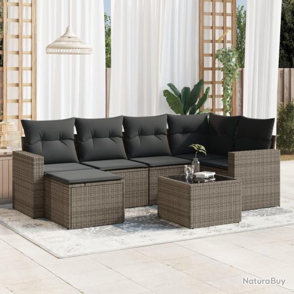 Salon de jardin avec coussins 7 pcs gris r�sine tress�e