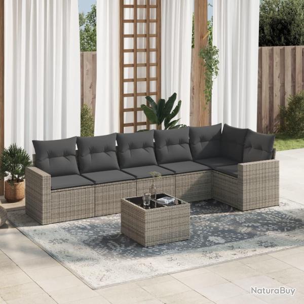 Salon de jardin avec coussins 7 pcs gris r�sine tress�e
