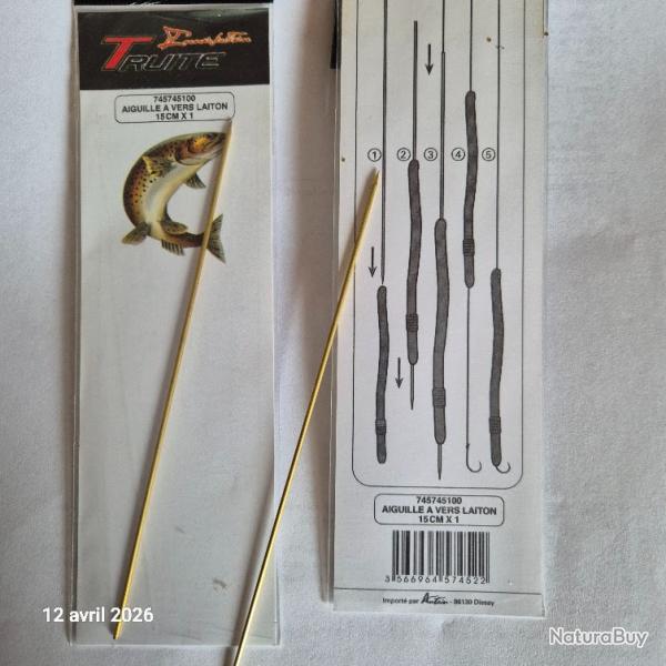 Lot de 2 Aiguilles � vers en laiton creux solide , 15 cm AUTAIN , truite