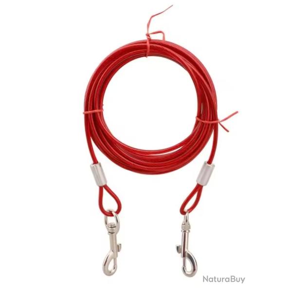 C�ble Attache Chien 5mm Acier Anti Morsure Double Crochet 3 m rouge