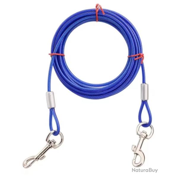 C�ble Attache Chien 5mm Acier Anti Morsure Double Crochet 5 m Bleu