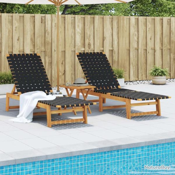 Chaises longues lot de 2 noir bois d'acacia solide et tissu