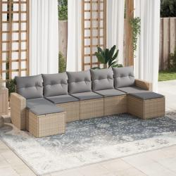 Salon de jardin avec coussins 7 pcs beige r&eacute;sine tress&eacute;e