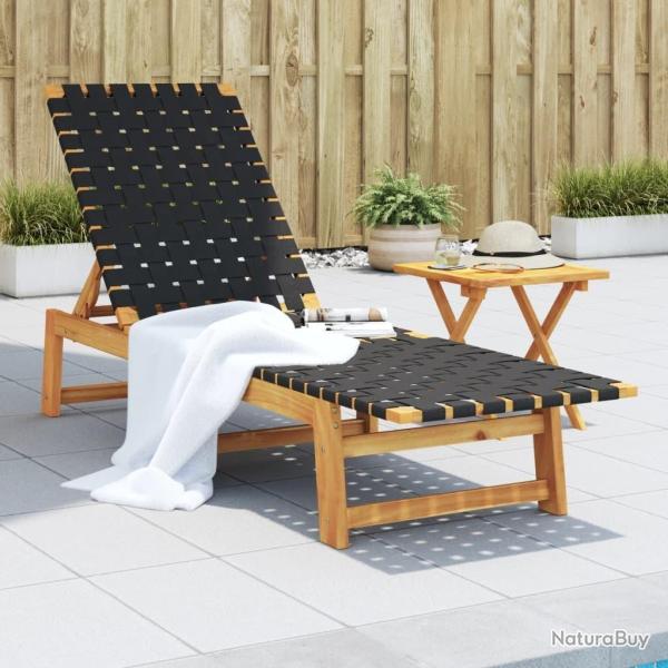 Chaises longues avec table noir bois d'acacia solide et tissu