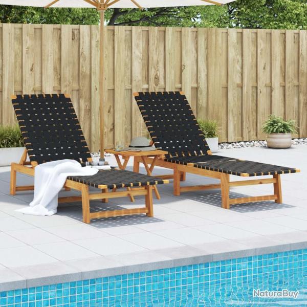 Chaises longues lot de 2 avec table noir bois massif d'acacia