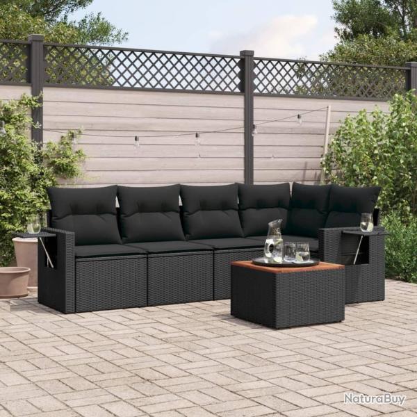 Salon de jardin 6 pcs avec coussins noir r�sine tress�e