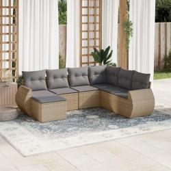 Salon de jardin avec coussins 7 pcs beige r&eacute;sine tress&eacute;e